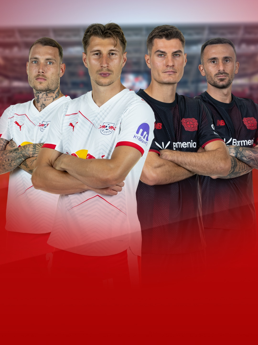 Jeweils zwei Spieler von RB Leipzig und Bayer 04 Leverkusen.